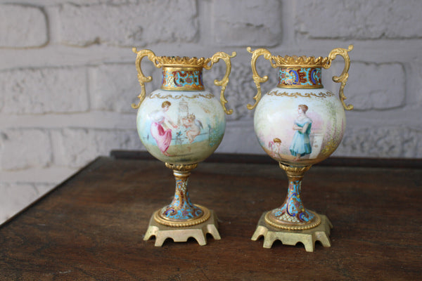 PAIR antique 19thc Sevres porcelain cloisonne enamel miniature vases cherub