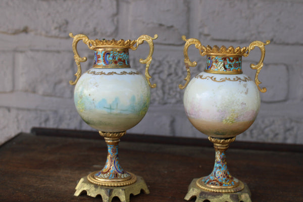 PAIR antique 19thc Sevres porcelain cloisonne enamel miniature vases cherub
