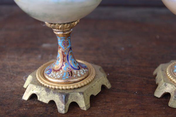 PAIR antique 19thc Sevres porcelain cloisonne enamel miniature vases cherub