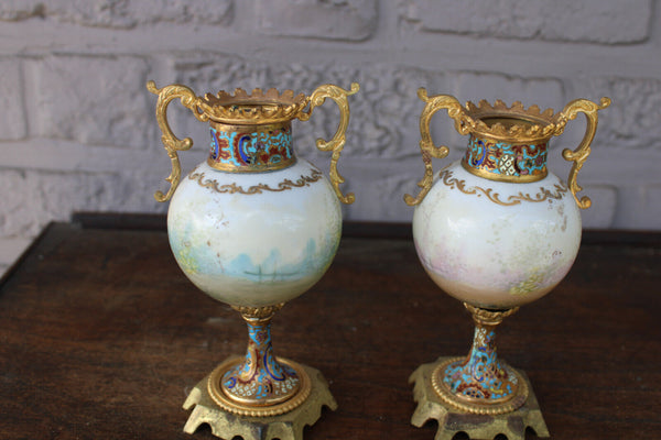 PAIR antique 19thc Sevres porcelain cloisonne enamel miniature vases cherub