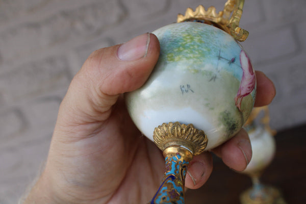 PAIR antique 19thc Sevres porcelain cloisonne enamel miniature vases cherub