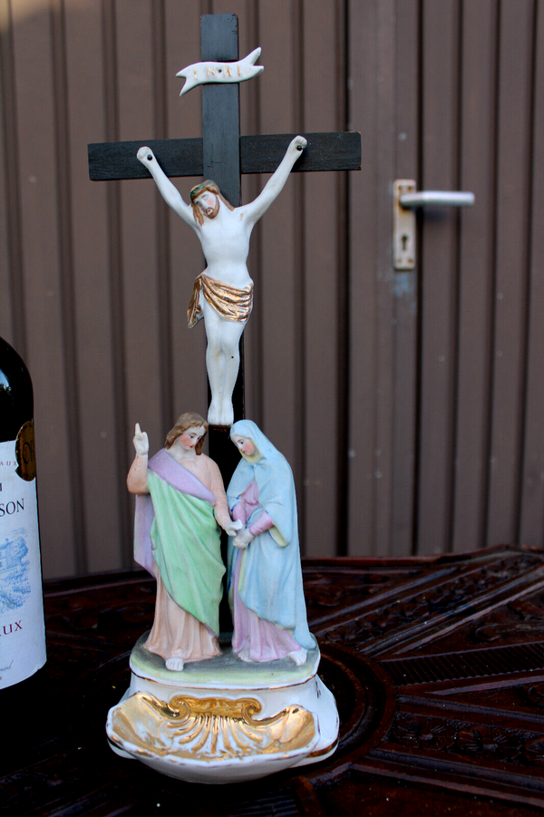 Antique begian vieux andenne bisque porcelain calvary crucifix holy water font