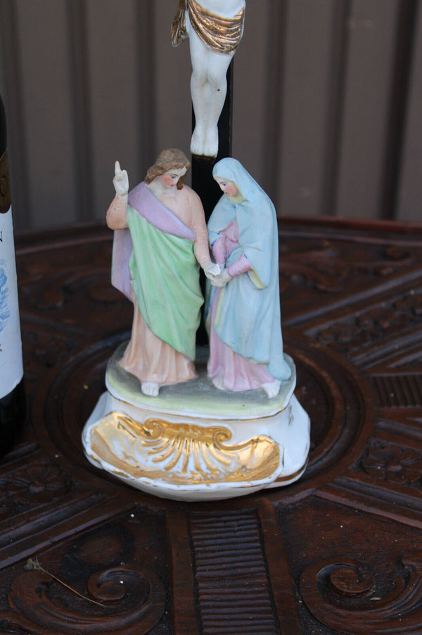 Antique begian vieux andenne bisque porcelain calvary crucifix holy water font