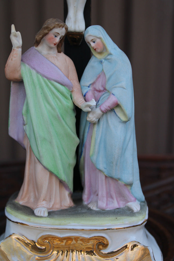 Antique begian vieux andenne bisque porcelain calvary crucifix holy water font