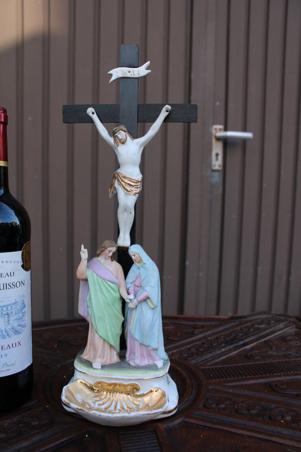 Antique begian vieux andenne bisque porcelain calvary crucifix holy water font