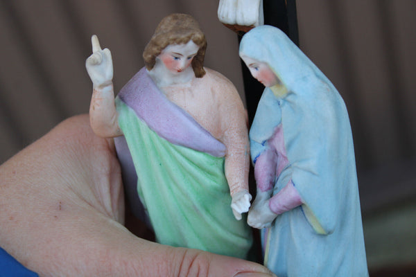 Antique begian vieux andenne bisque porcelain calvary crucifix holy water font