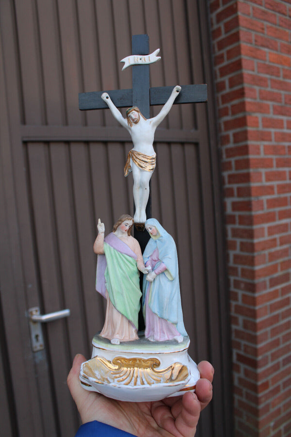 Antique begian vieux andenne bisque porcelain calvary crucifix holy water font