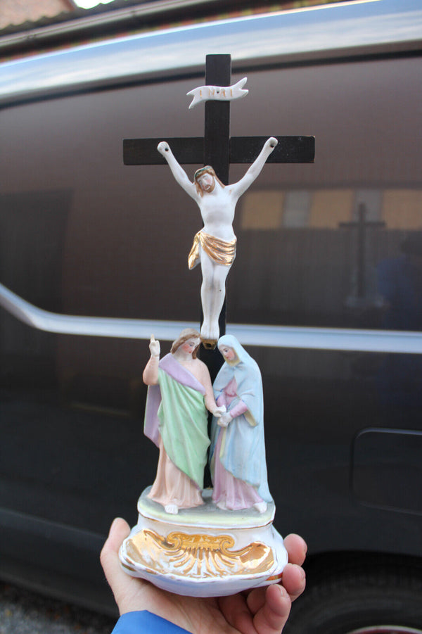 Antique begian vieux andenne bisque porcelain calvary crucifix holy water font