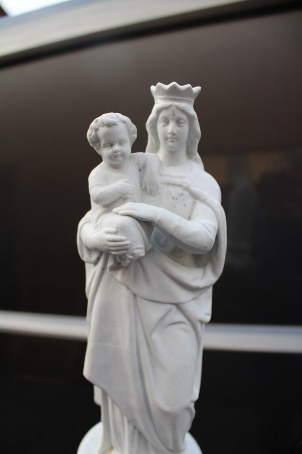 Antique french bisque porcelain madonna mary child statue