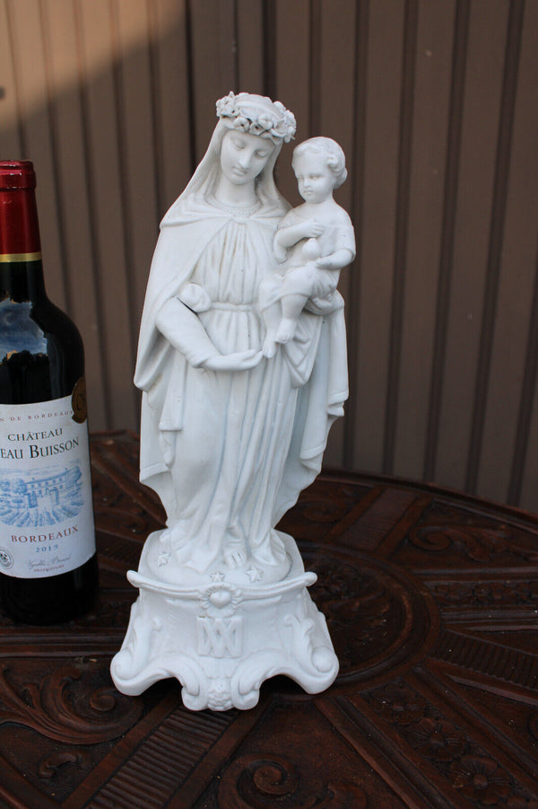 Antique french letu mauger signed bisque porcelain madonna mary child statue