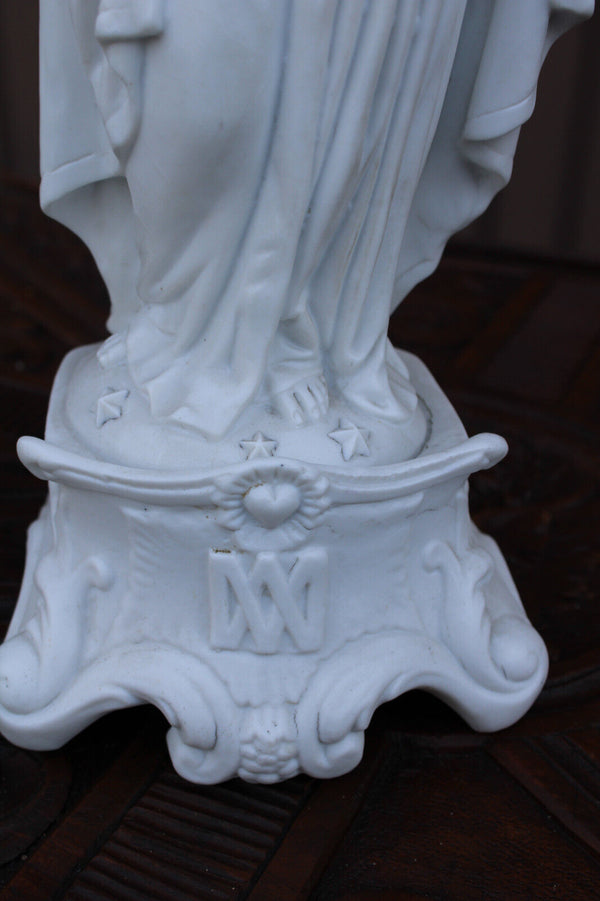 Antique french letu mauger signed bisque porcelain madonna mary child statue