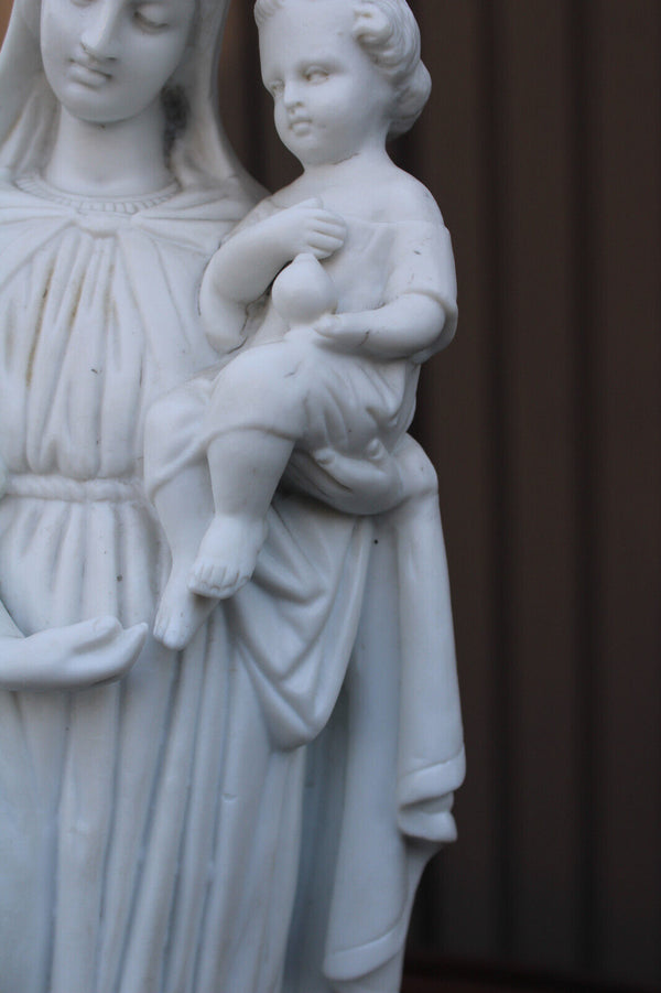 Antique french letu mauger signed bisque porcelain madonna mary child statue