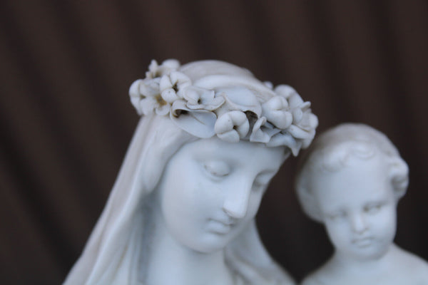 Antique french letu mauger signed bisque porcelain madonna mary child statue