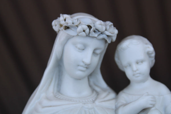 Antique french letu mauger signed bisque porcelain madonna mary child statue
