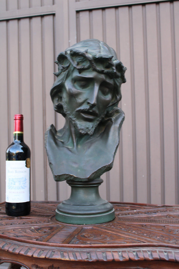 Antique XL terracotta AURILI Christ jesus bust statue bronze patina signed