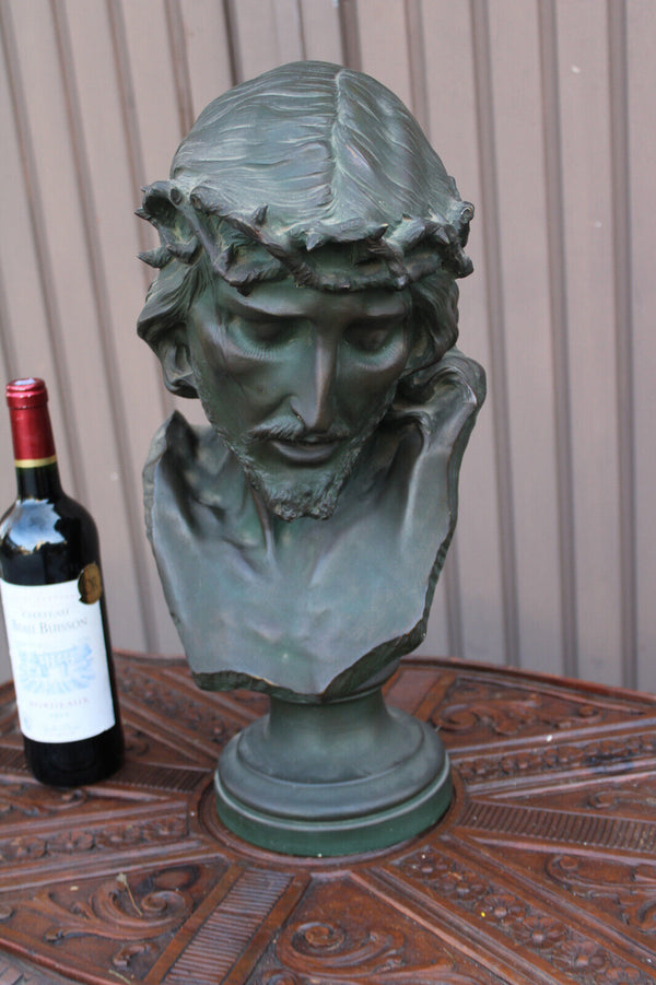 Antique XL terracotta AURILI Christ jesus bust statue bronze patina signed