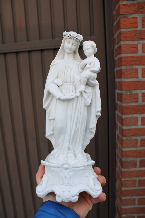 Antique french letu mauger signed bisque porcelain madonna mary child statue