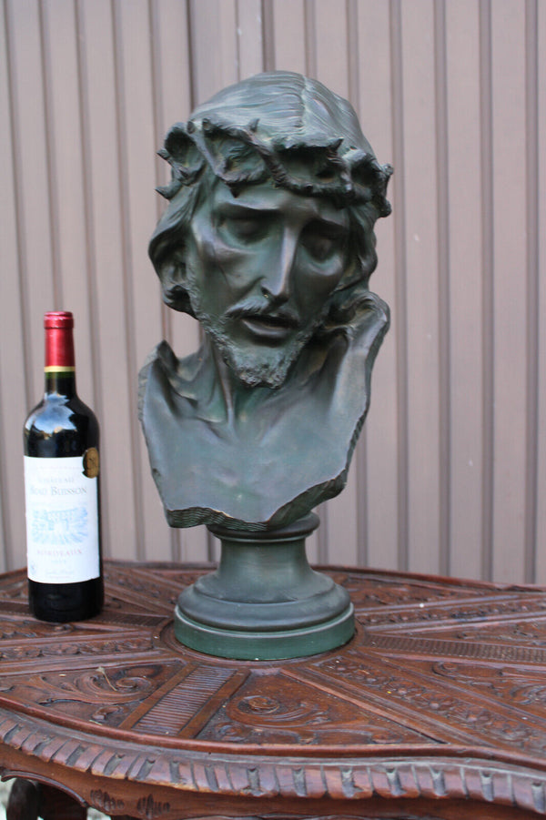 Antique XL terracotta AURILI Christ jesus bust statue bronze patina signed