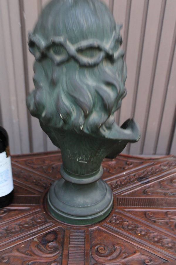 Antique XL terracotta AURILI Christ jesus bust statue bronze patina signed