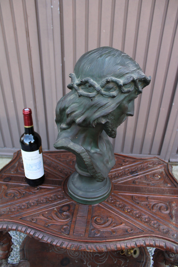 Antique XL terracotta AURILI Christ jesus bust statue bronze patina signed