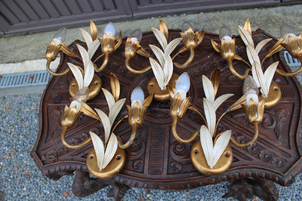 Vintage set 5 hollywood regency hans kogl design metal leaf sconces wall lights