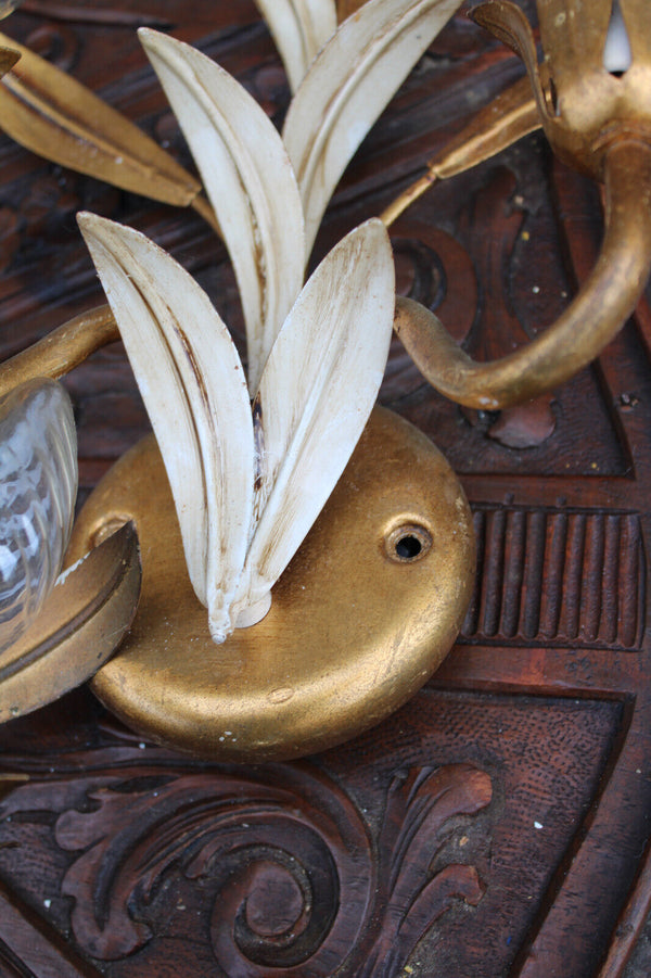 Vintage set 5 hollywood regency hans kogl design metal leaf sconces wall lights