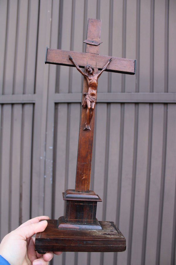 Antique 1800s Wood carved crucifix christ corpus religious