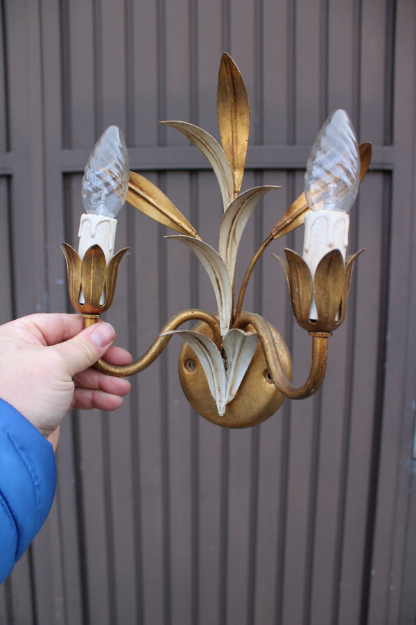 Vintage set 5 hollywood regency hans kogl design metal leaf sconces wall lights