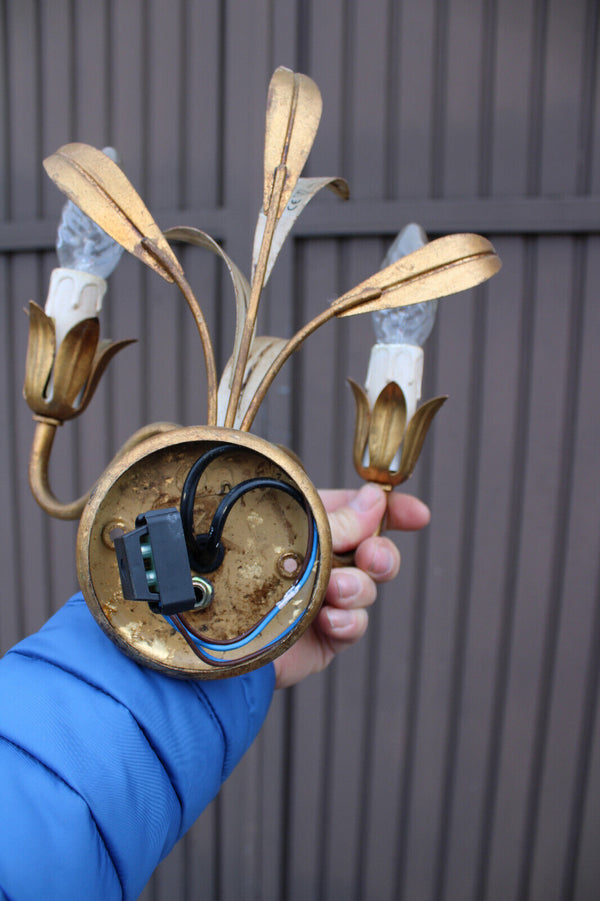 Vintage set 5 hollywood regency hans kogl design metal leaf sconces wall lights