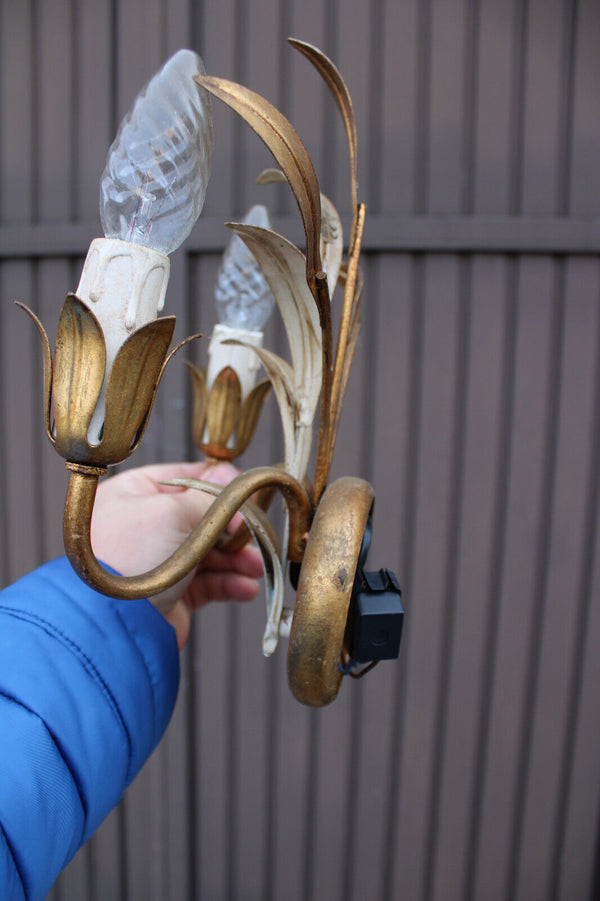 Vintage set 5 hollywood regency hans kogl design metal leaf sconces wall lights