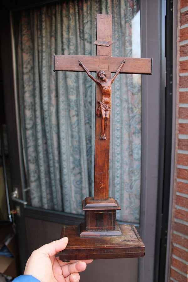 Antique 1800s Wood carved crucifix christ corpus religious