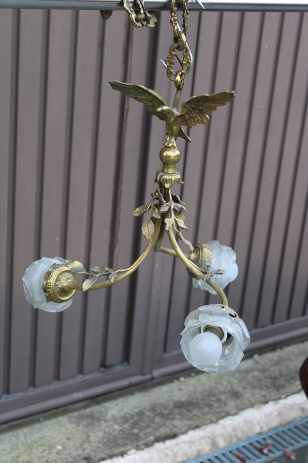 Antique French brass Eagle 3 arm chandelier lamp