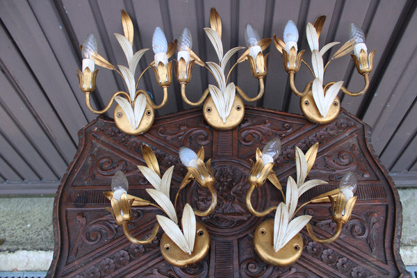 Vintage set 5 hollywood regency hans kogl design metal leaf sconces wall lights