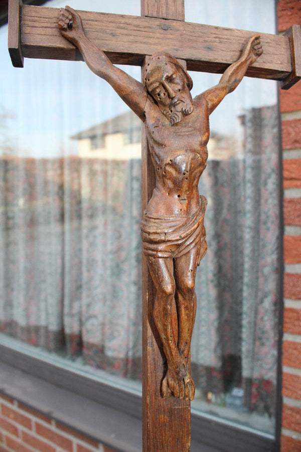 Antique 1800s Wood carved crucifix christ corpus religious