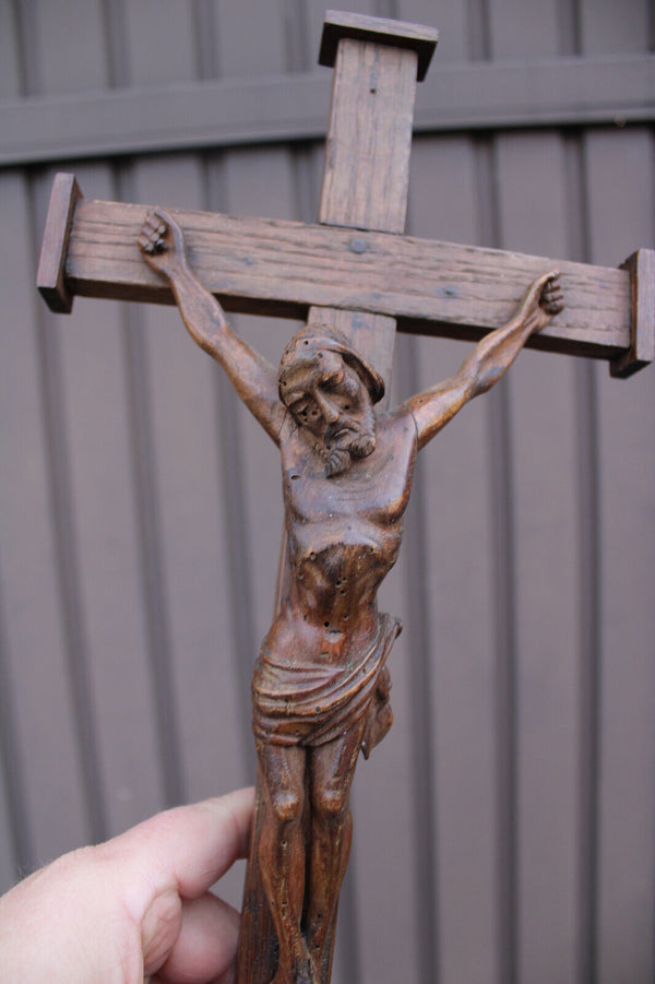 Antique 1800s Wood carved crucifix christ corpus religious