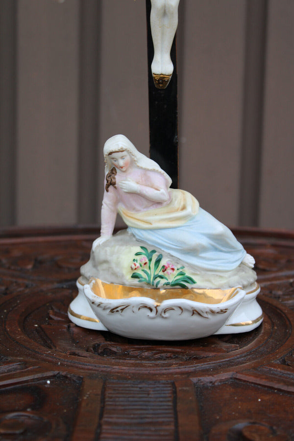 Rare antique vieux andenne bisque porcelain holy water font crucifix magdalena