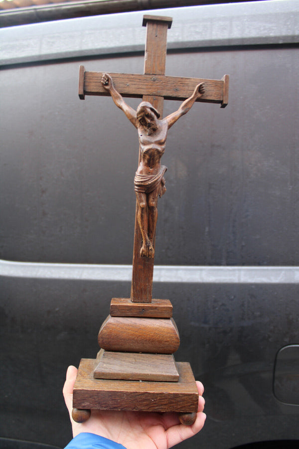 Antique 1800s Wood carved crucifix christ corpus religious