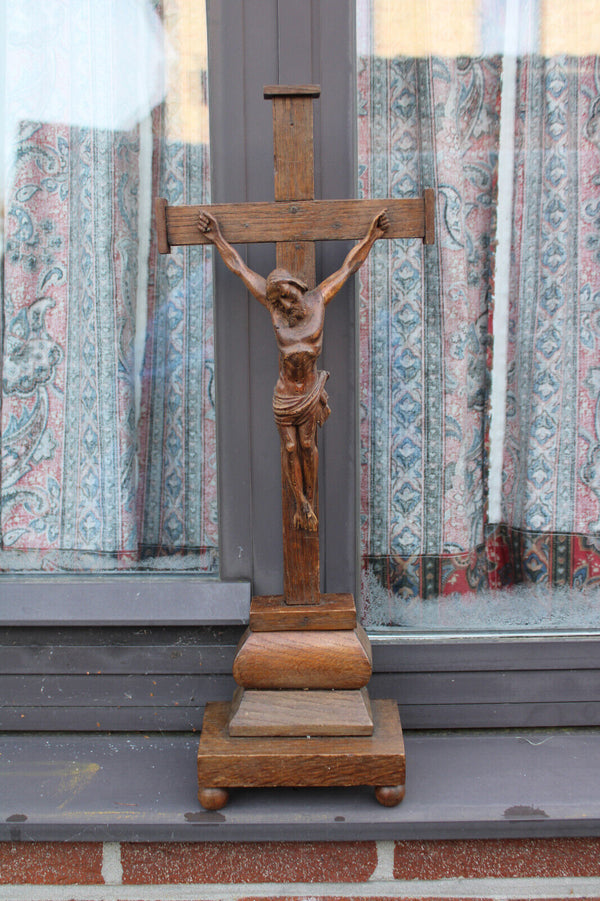 Antique 1800s Wood carved crucifix christ corpus religious