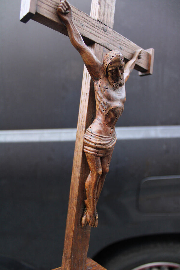 Antique 1800s Wood carved crucifix christ corpus religious
