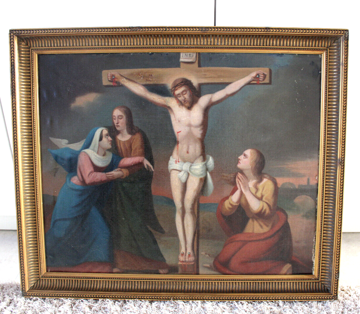 Antique 19thc Oil canvas cardboard Crucifixion christ painting religious
