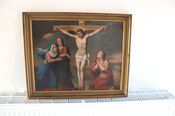 Antique 19thc Oil canvas cardboard Crucifixion christ painting religious