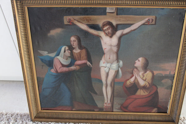 Antique 19thc Oil canvas cardboard Crucifixion christ painting religious