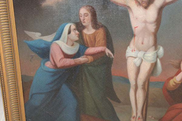 Antique 19thc Oil canvas cardboard Crucifixion christ painting religious