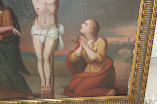 Antique 19thc Oil canvas cardboard Crucifixion christ painting religious