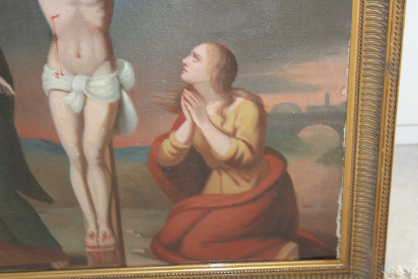 Antique 19thc Oil canvas cardboard Crucifixion christ painting religious