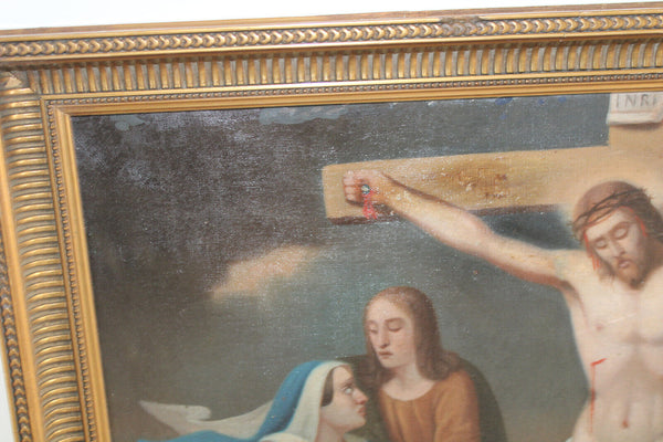 Antique 19thc Oil canvas cardboard Crucifixion christ painting religious
