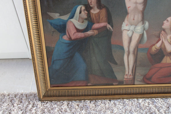 Antique 19thc Oil canvas cardboard Crucifixion christ painting religious