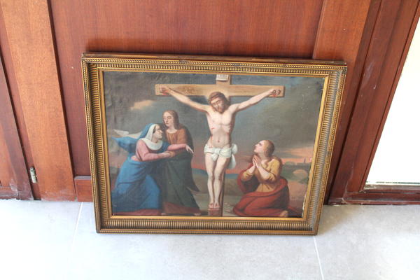 Antique 19thc Oil canvas cardboard Crucifixion christ painting religious