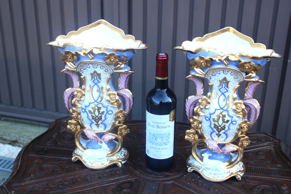 PAIR antique french vieux paris porcelain vases animal figurine 19thc rare