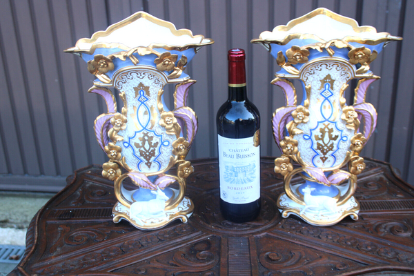 PAIR antique french vieux paris porcelain vases animal figurine 19thc rare